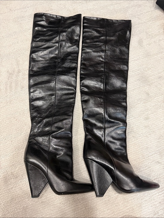 Saint Laurent Shoes - Saint Laurent Black Leather Over-the-Knee Block Heel Boots